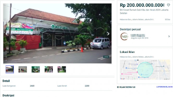 RSIA Asih Jaksel Dijual Rp 200 Miliar di Lapak Online, Siapa Minat?