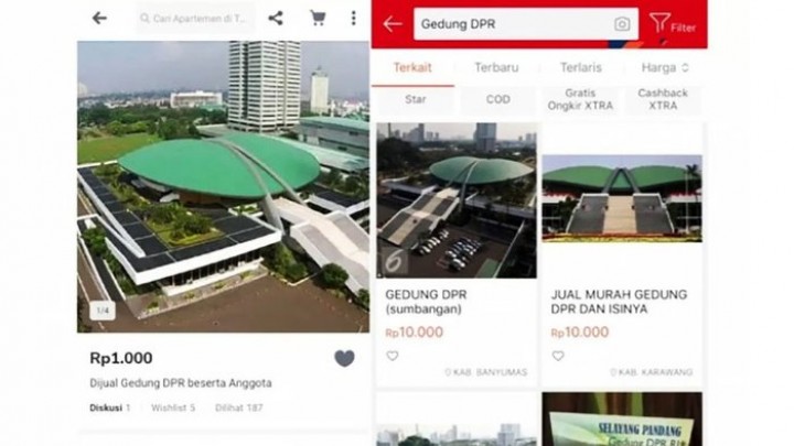 Usai UU Ciptaker Disahkan, Ramai Jual Murah Gedung DPR di Tokopedia