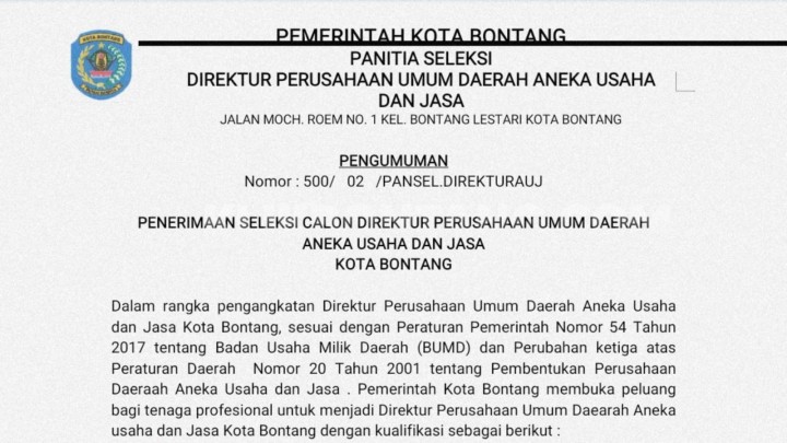 Jadwal Seleksi Calon Direktur Perumda AUJ Bontang Diperpanjang