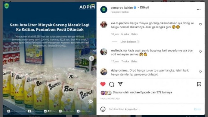 Akun Instagram Pemprov Kaltim Diserang Warganet: Katanya Stok Minyak Aman, Tapi Tak Kelihatan