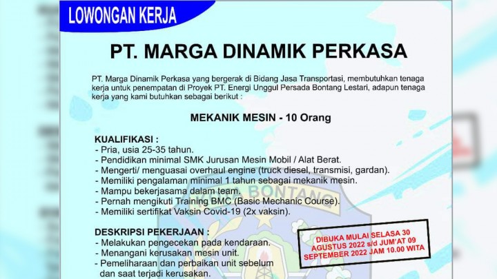 Info Lowongan Kerja Terbaru di Kota Bontang 1 September 2022, Klik di Sini