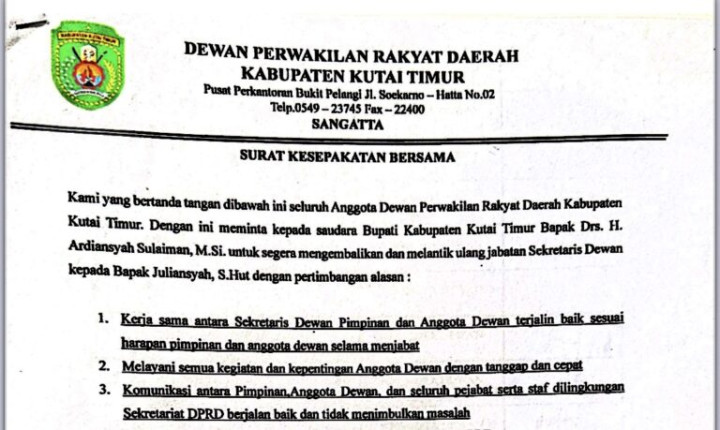 Beredar Surat DPRD Kutim Tolak Kebijakan Bupati, Tak Mau Hadir di Rapat Paripurna