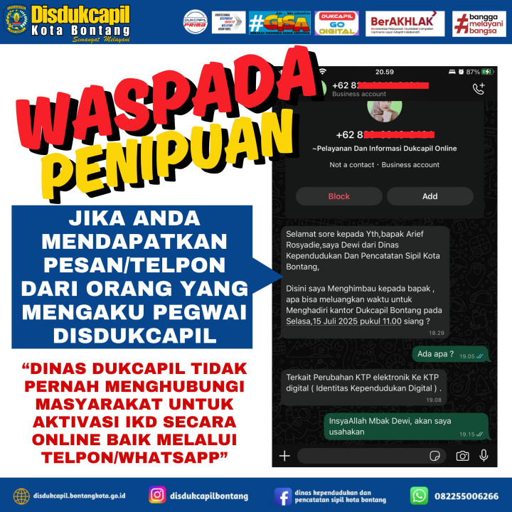 Disdukcapil Bontang: Waspada Penipuan Aktivasi IKD Via WhatsApp