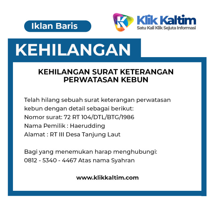 Iklan Kehilangan Surat Keterangan Perwatasan Kebun